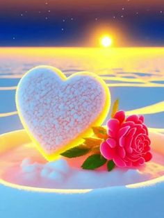 a heart shaped cookie sitting on top of a plate next to a pink rose in the snow