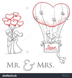 the wedding card is drawn in blue ink and features two hot air balloons, a bride and groom