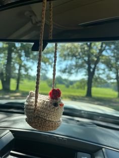 a chicken hanging from a rope in the back of a car