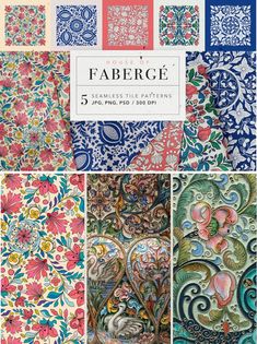 the cover of fabere's book, featuring several different designs and colors in various patterns