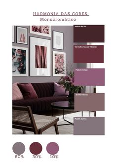 a living room with purple walls and pictures on the wall