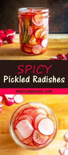 pickled radishes in a mason jar with text overlay that reads spicy pickled radishes