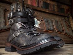 These leather boots use cowhide by crafting the leather  into small pieces which are put back together using a patchwork method  that the inside uses another layer of sheep leather to  avoid the main part of leather stunned by the zigzag machine. The most perfect crafting,  is that all processes are conducted  with a handmade (handwelt) technique where the combination of the upper and midsole with a stitching system is an old technique of shoe craftsmen. It works and produces handmade stuff from genuine leather,  and packed its stuff with excellent and elegant box made of pine wood. Material upper : cowhide Linning.             : heep leather Construction.   : handwelt Size                    : 43 fit 44 (10,,75 inch - 27,3 cm) Midsole             : leather vegtan 5mm Outsole             : Praetorian Jack, Shoes Boots Combat, Metal Shoes, Handmade Stuff, Heart Shape Box, Punk Outfits, Sheep Leather, Back Together, Wood Material