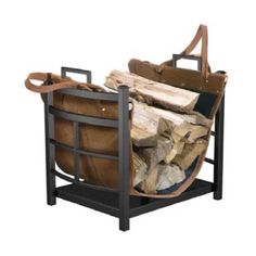 a firewood rack with logs in it and a leather tote bag on top