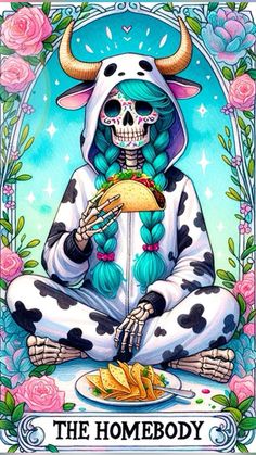 a card with a cow skull sitting in front of it and holding a piece of food