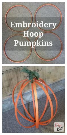 an orange pumpkin sitting on top of a floor next to the words embroidery hoop pumpkins