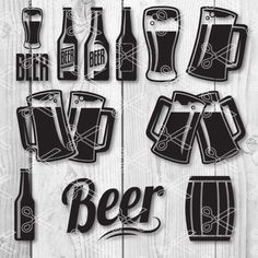 some beer related items are shown on a wooden background with the word beer spelled in black and white