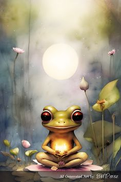 a frog sitting on top of a lily pad in front of a full moon filled sky