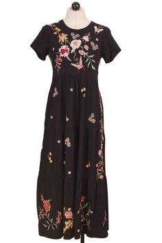 Black Embroidered Suki Cap Sleeve Maxi Dress by Johnny Was Vibrant Background, Colorful Jewelry, Sleeve Maxi Dress, Fresh Look, Maxi Dress With Sleeves, Tiered Skirt, Look Cool