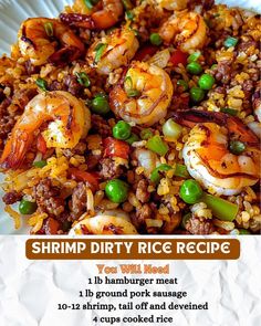 shrimp, rice and peas on a plate with text overlay that says shrimp dirty rice recipe