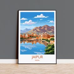 a poster with the name jalpur in front of a lake and mountain range