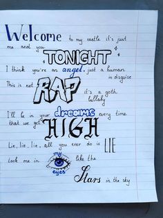 a piece of paper with writing on it and an eye drawn in black ink next to the words welcome tonight and rap dreams high