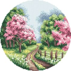 a cross stitch pattern with pink flowers on trees and a dirt road in the middle