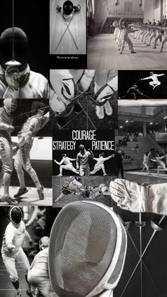 black and white collage with images of people doing different things in the air, including fencing