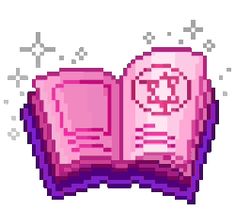 an open book is shown in pixel art