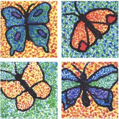 four different colored butterflies with dots on them