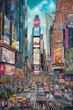 a painting of times square in new york city with taxi cabs and billboards