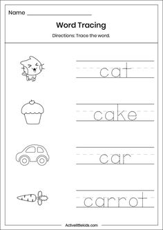 worksheet with words and pictures for children to practice spelling the word's name