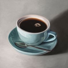 a painting of a cup of coffee on a saucer with a spoon next to it