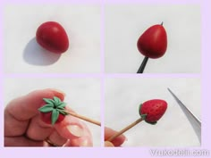 four pictures of strawberries being cut with a pair of scissor scissors, and one is holding a strawberry on a stick