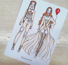 a drawing of two women in costumes with red hair and tattoos on their arms, one is holding a balloon