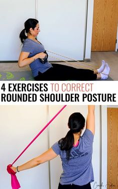 the woman is doing exercises to correct her shoulder and back posture with an exercise band