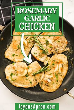 rosemary garlic chicken in a skillet with text overlay