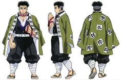 three different views of an anime character in green and black clothing, one with his hands together