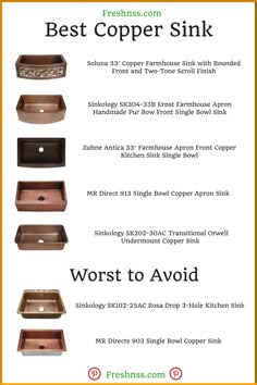 the different types of copper sinks are shown in this advertise for best copper sink