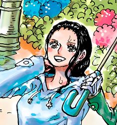 a drawing of a woman holding a baseball bat and wearing a blue shirt with trees in the background