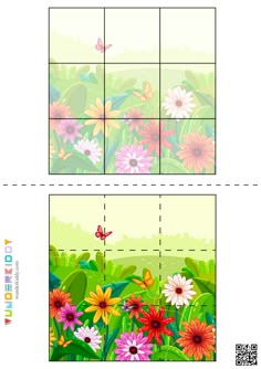 an image of flowers and butterflies in the field with squares to cut into it's sides