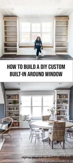 a woman sitting on top of a table in front of a window with the words how to build a diy custom built - in around windows