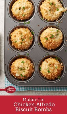 muffin tin filled with chicken alfredo biscuits