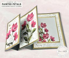 two cards with pink flowers on them and the words painted petals are in gold foil