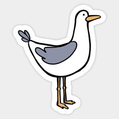 a white and gray bird sticker with an orange beak on it's legs