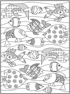 a coloring page with fish and flowers on it