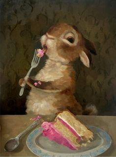 a painting of a rabbit eating cake with a fork