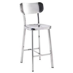 an aluminum stool with a white seat and backrest on a white background, the chair is