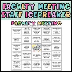 a poster with the words faculty meeting staff icebreakerr and an image of a teacher's name