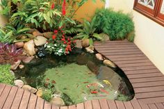 a fish pond in the middle of a wooden decked area with plants and flowers