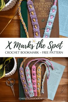 two crochet bookmarks with the title, x marks the spot