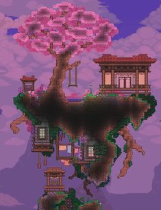 a tree with pink flowers in front of a purple sky and some buildings on the other side