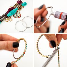 four pictures showing how to make beaded bracelets with scissors and beads on them