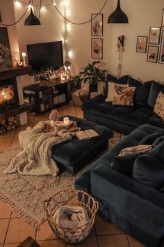 a living room filled with furniture and lights