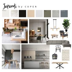 an interior design board with various furniture and decor