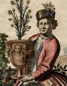 an old drawing of a man holding a potted plant