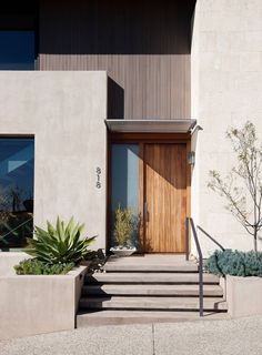 the front entrance to a modern home with steps leading up to it and potted plants on either side