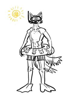 a black and white drawing of a cat holding an object in his hands with the sun above it