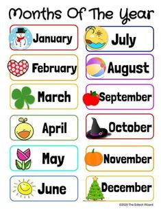 months of the year printable poster with pictures and words for kids to use in their classroom