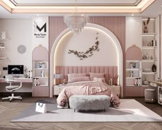 the bedroom is decorated in pink tones and features an arched ceiling, shelving unit with shelves, bed, desk, chair, and ottoman